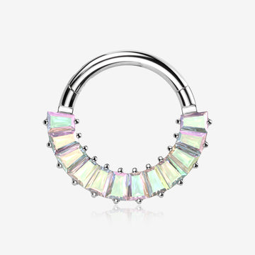 Implant Grade Titanium Pave Baguette Sparkle Clicker Hoop Ring-Aurora Borealis